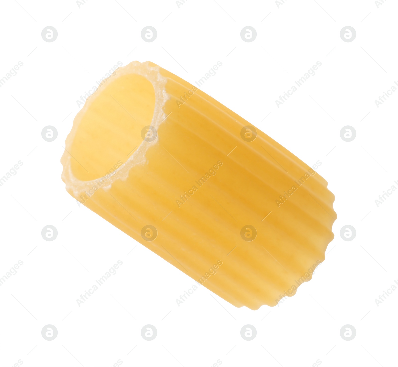 Photo of One piece of raw rigatoni pasta isolated on white