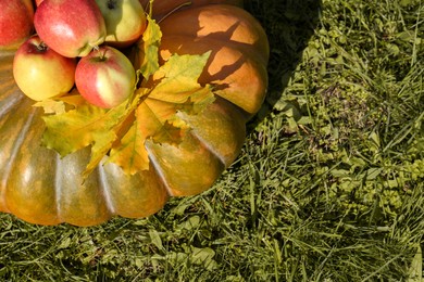 Photo of Ripe pumpkin, apples and maple leaves on green grass, flat lay with space for text. Autumn harvest