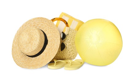 Photo of Inflatable ball and beach accessories on white background