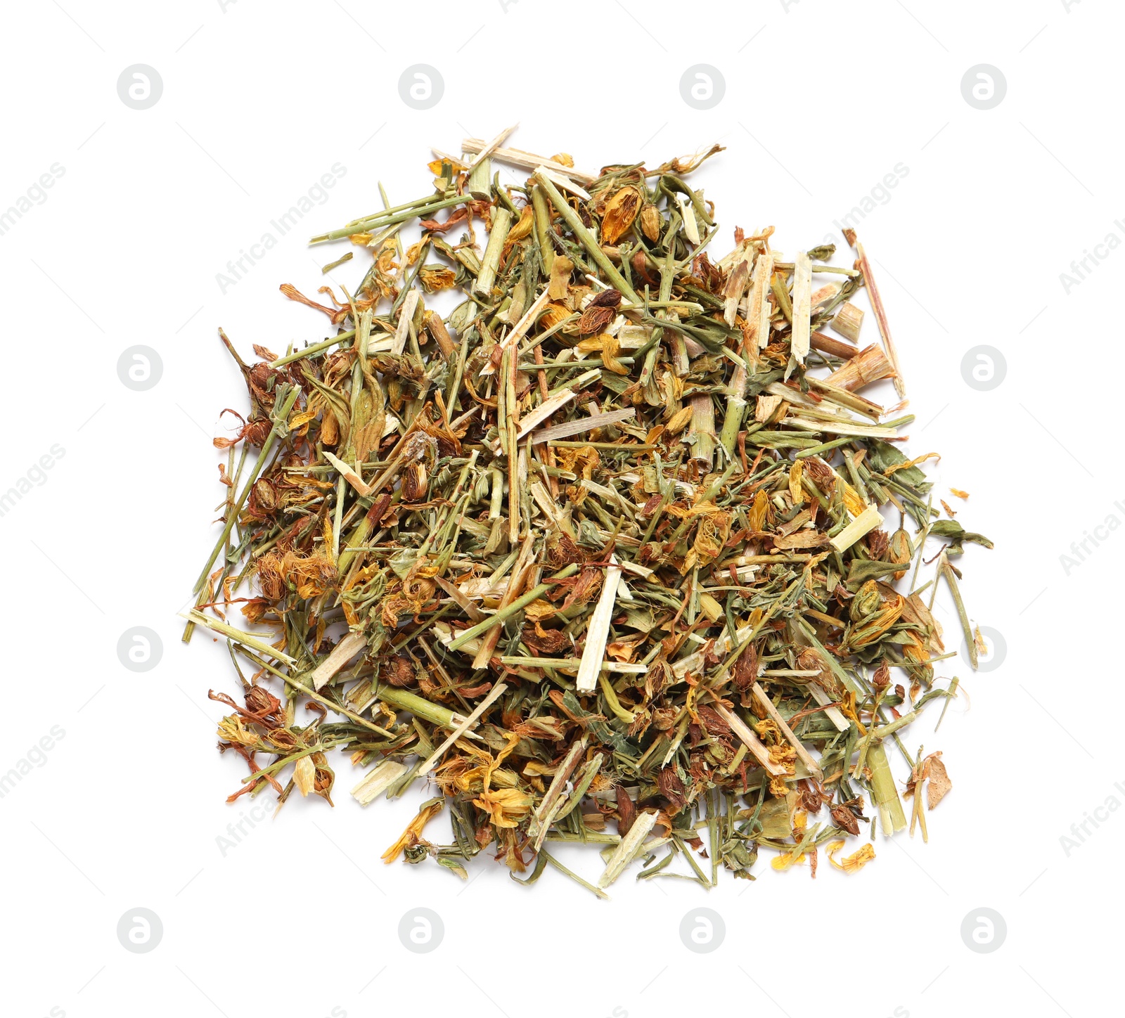 Photo of Pile of dry herbal tea isolated on white, top view