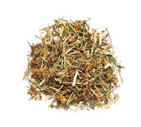 Photo of Pile of dry herbal tea isolated on white, top view
