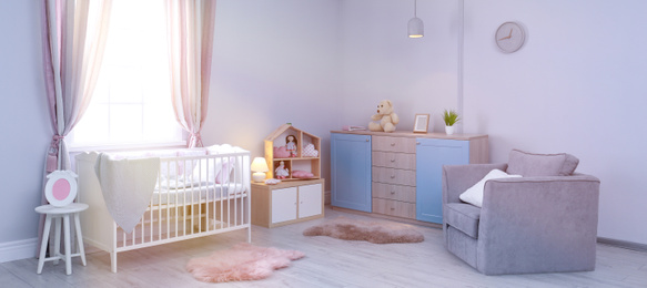Image of Baby room interior with comfortable crib near window. Banner design