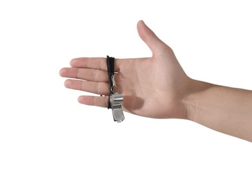 Photo of Referee holding whistle on white background, closeup