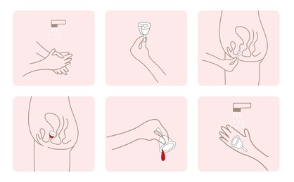 Illustration of Instruction how to use menstrual cup during period, collage with illustrations. Female reproductive system on white background 