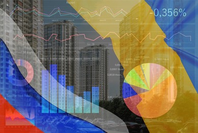 Image of Multiple exposure of Ukrainian, Russian flags, cityscape and digital stock exchange market charts