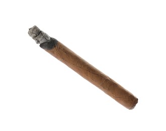 Photo of One brown cigar smoldering isolated on white