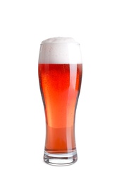 Glass of cold red beer on white background