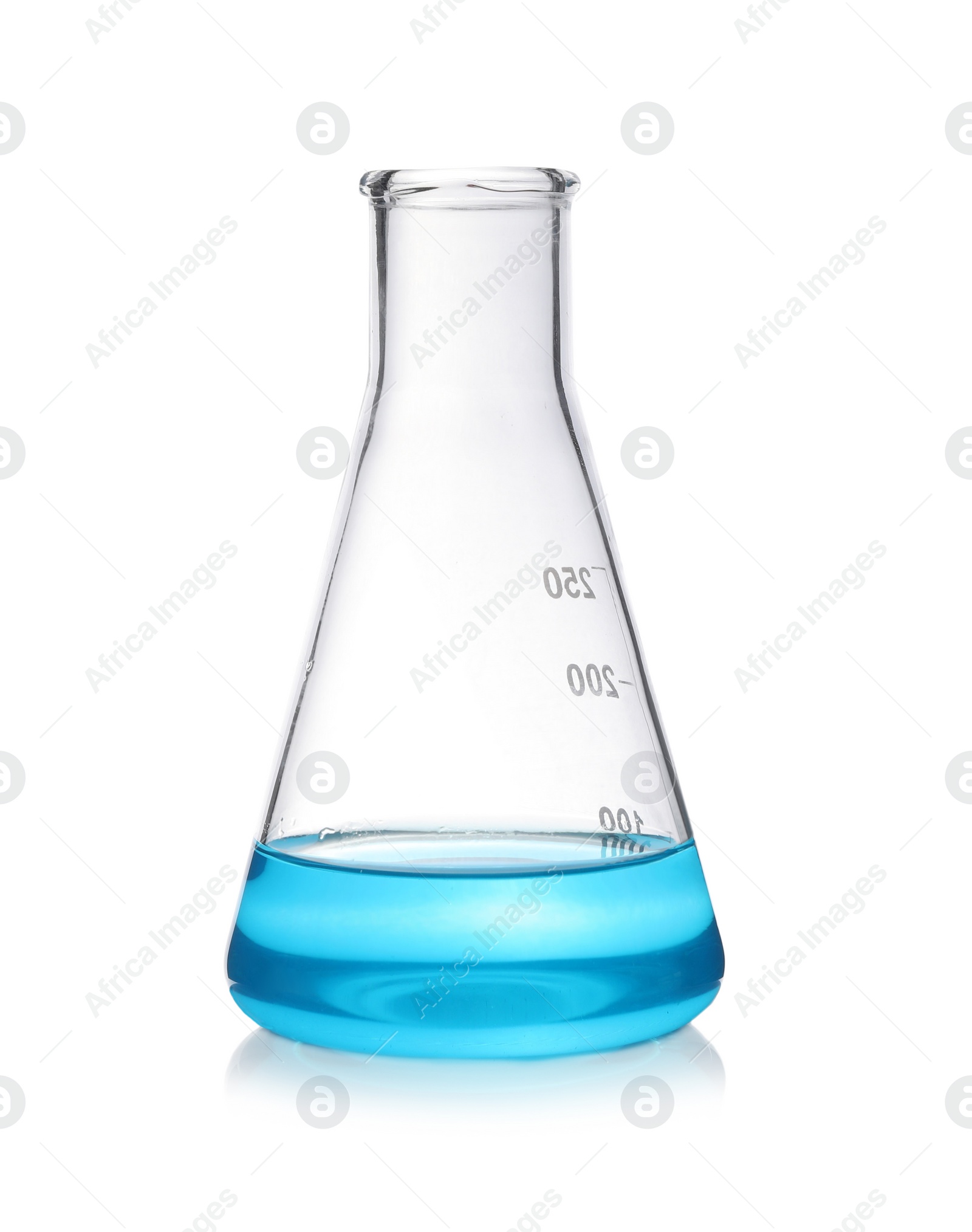 Photo of Laboratory flask with light blue liquid isolated on white