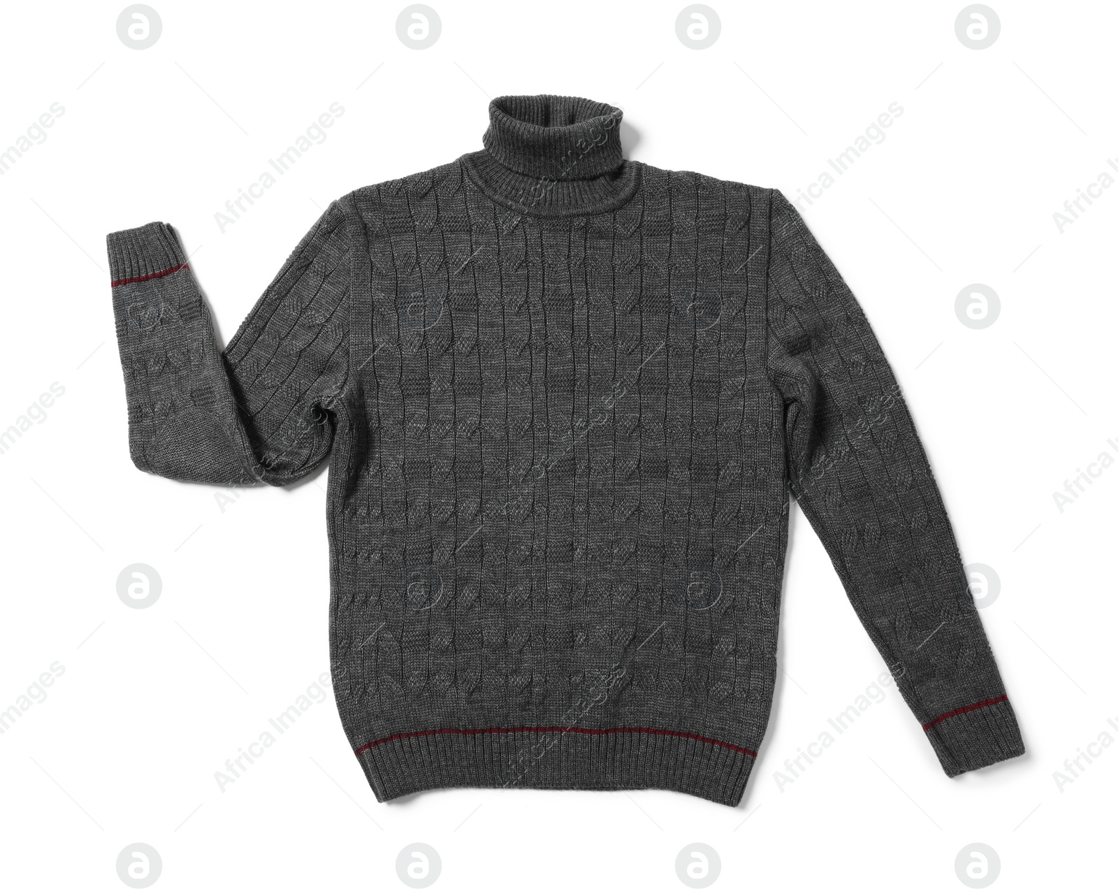 Photo of Stylish dark grey sweater isolated on white, top view