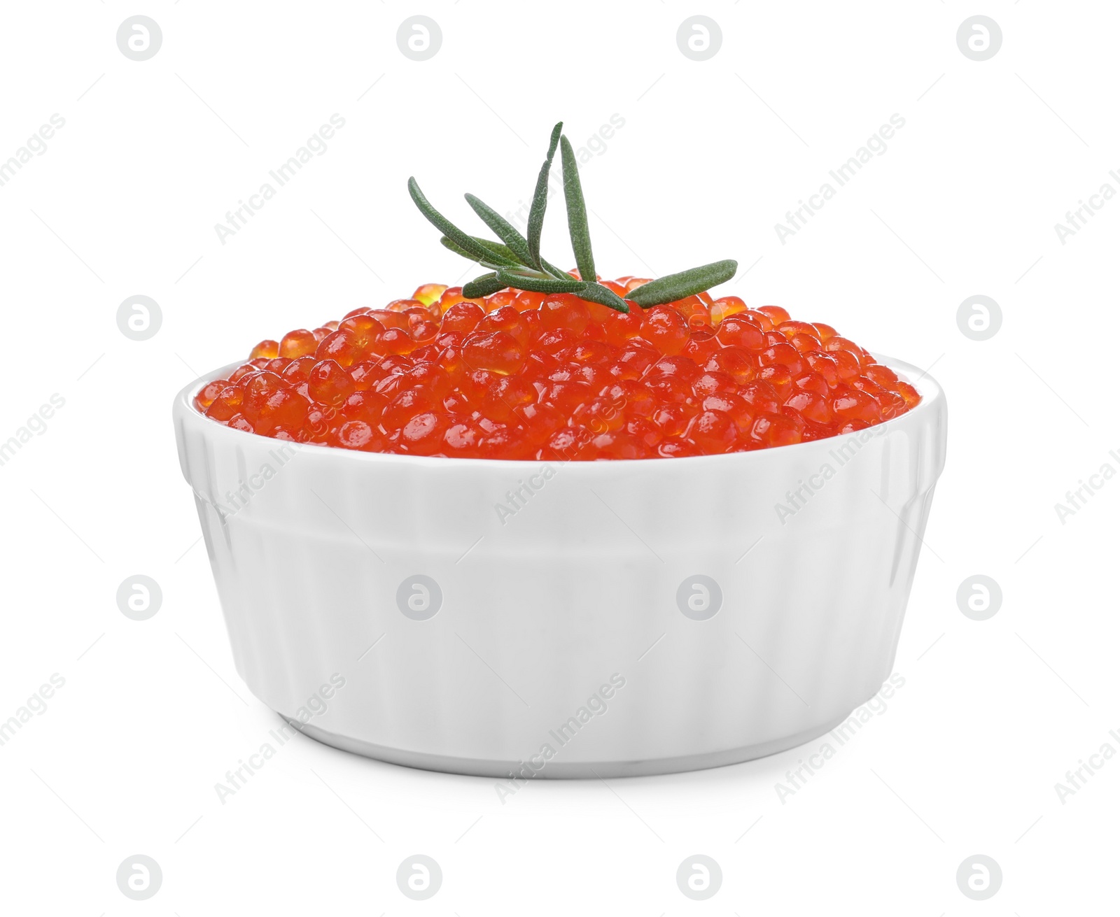 Photo of Bowl of delicious red caviar and rosemary isolated on white