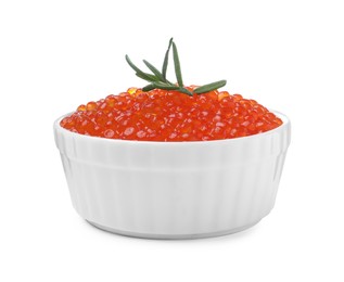 Photo of Bowl of delicious red caviar and rosemary isolated on white