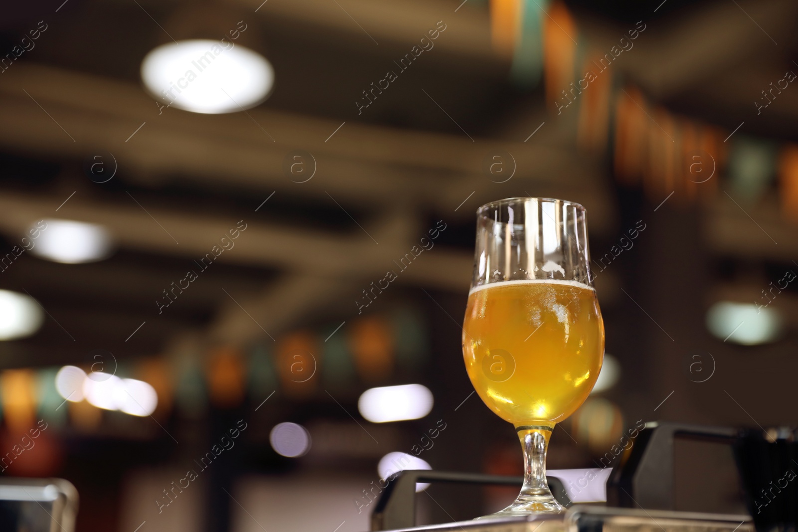 Photo of Glass of cold tasty beer in pub. Space for text