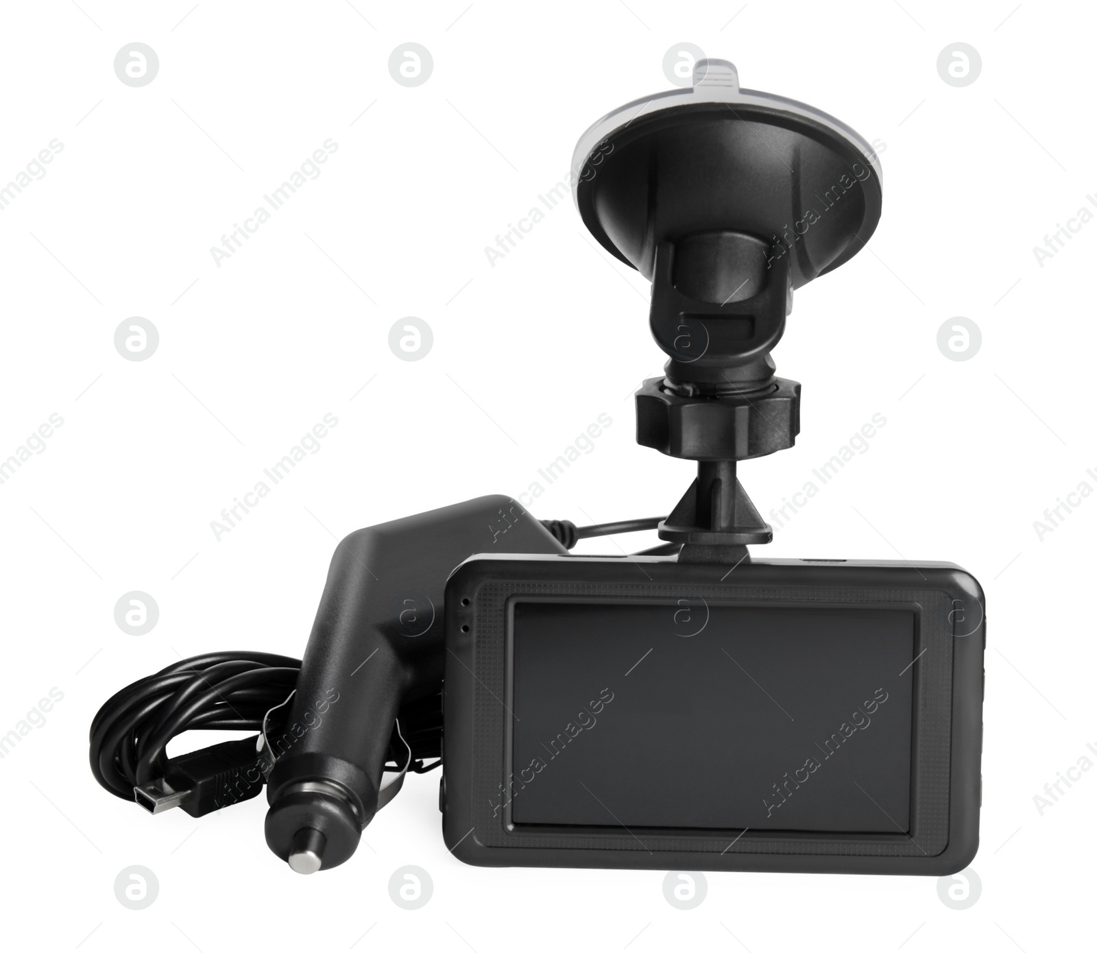 Photo of Modern car dashboard camera with suction mount and charger on white background