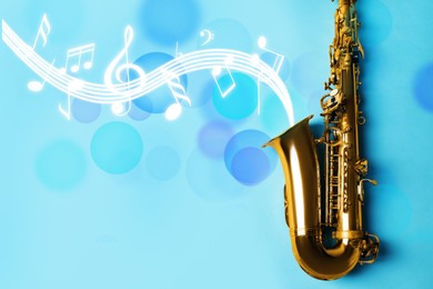 Image of Music notes and other musical symbols flowing from saxophone on light blue background