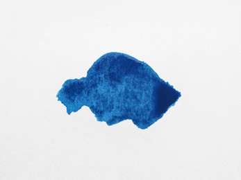 Blot of blue ink on white background, top view
