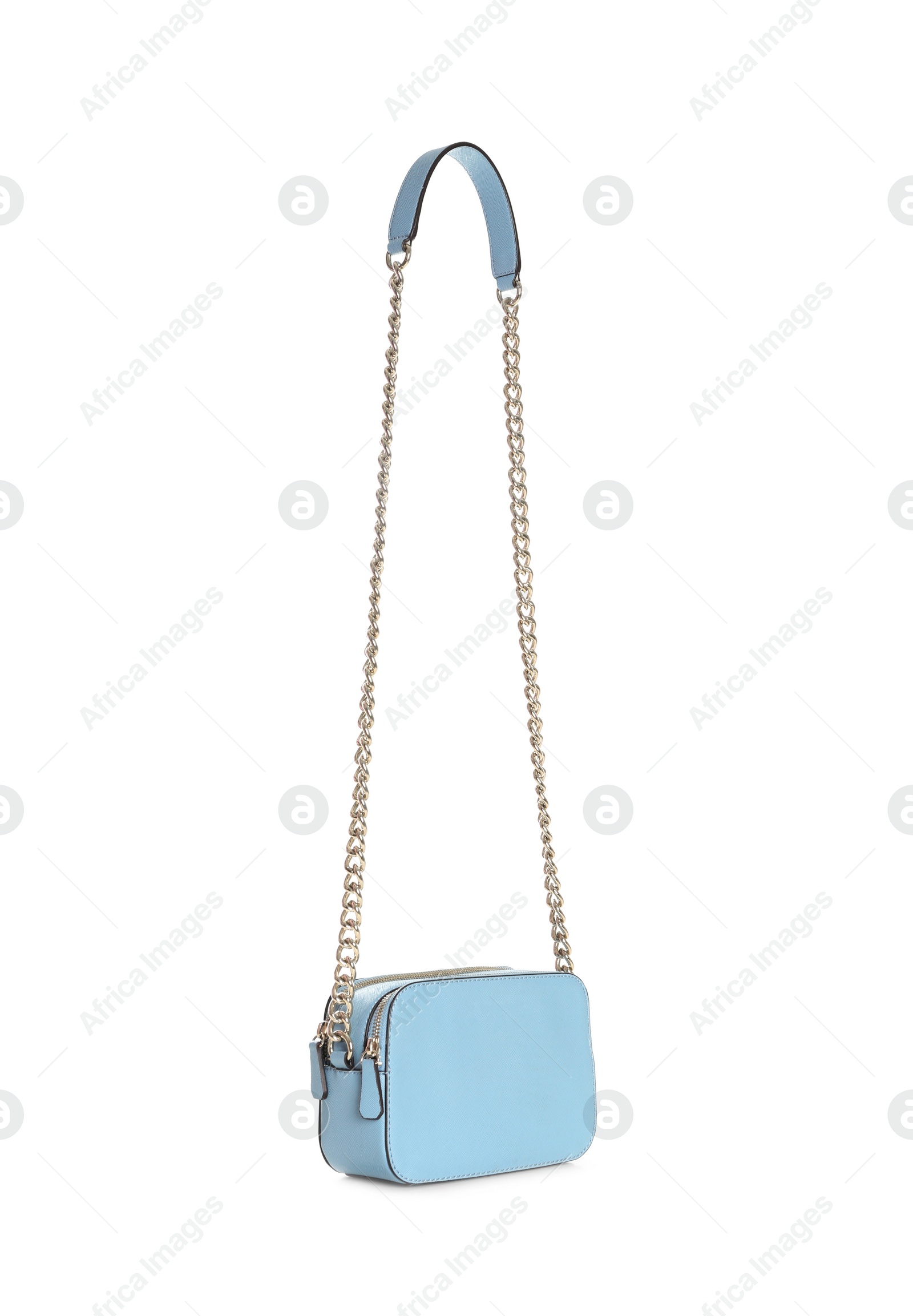 Photo of Stylish blue woman's bag isolated on white