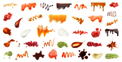 Image of Set with samples of different sauces on white background. Banner design 