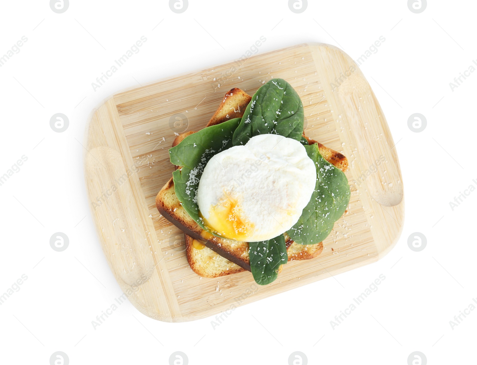 Photo of Delicious poached egg with toasted bread and spinach isolated on white, top view