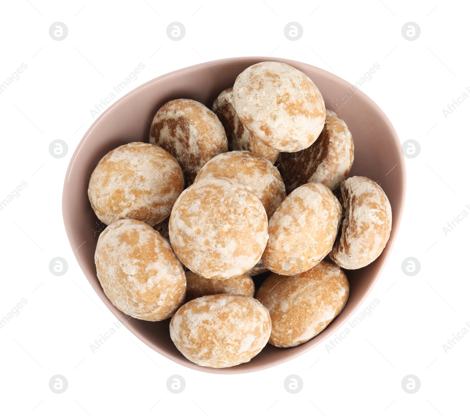 Photo of Tasty homemade gingerbread cookies in bowl on white background, top view