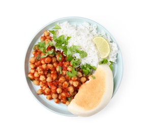 Photo of Delicious chickpea curry, rice and flatbread isolated on white, top view