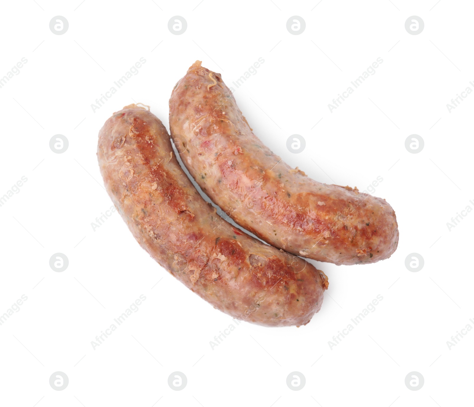 Photo of Two tasty homemade sausages isolated on white, top view