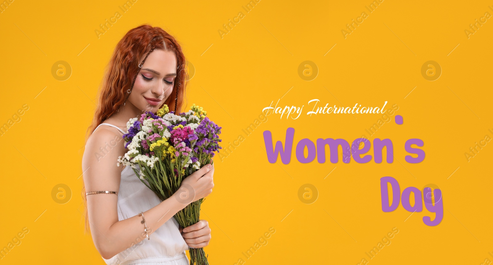 Image of Happy Women's Day, Charming lady holding bouquet of beautiful flowers on golden background