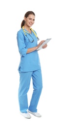 Full length portrait of young medical assistant with stethoscope and tablet on white background