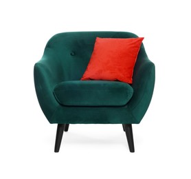 One green armchair with red pillow isolated on white