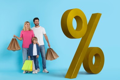 Discount offer. Happy family with paper shopping bags looking at illustration of percent sign on light blue background