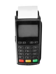 Photo of Modern payment terminal on white background, top view