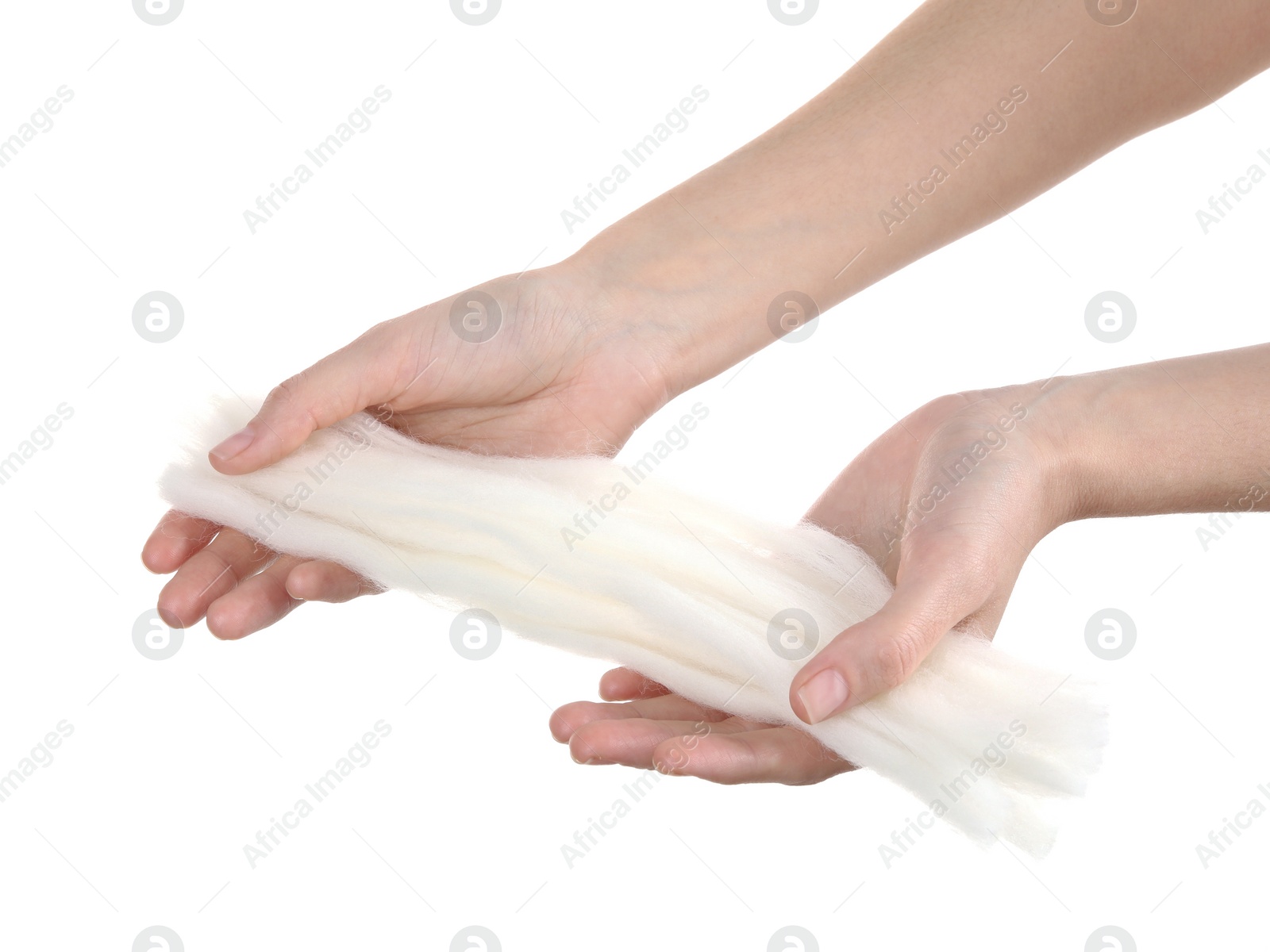 Photo of Woman holding felting wool on white background, closeup