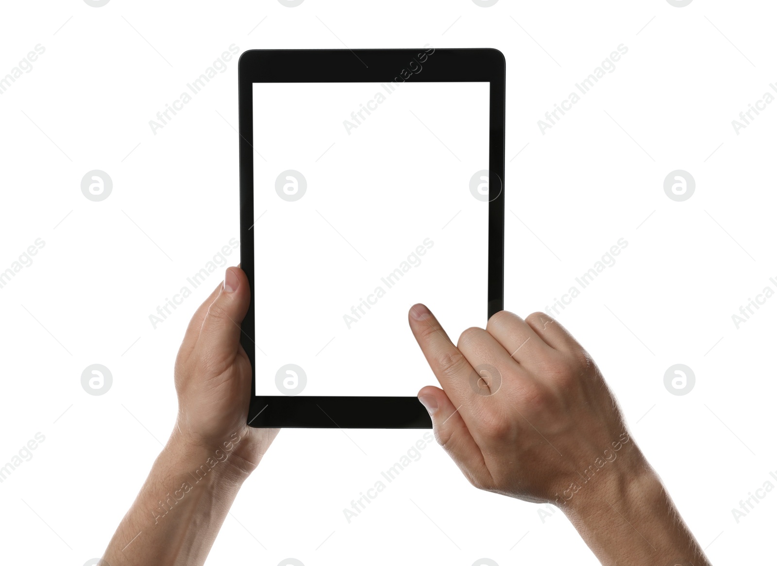 Photo of Man using tablet computer with blank screen on white background, closeup. Modern gadget
