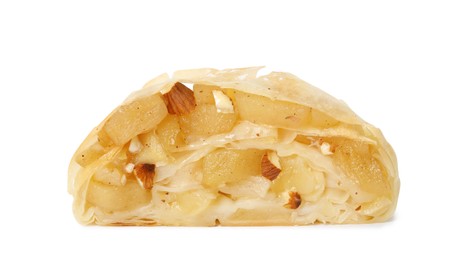 Photo of Piece of delicious apple strudel with almonds isolated on white