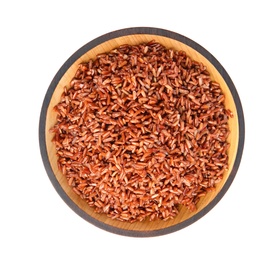 Photo of Bowl with delicious cooked brown rice on white background, top view