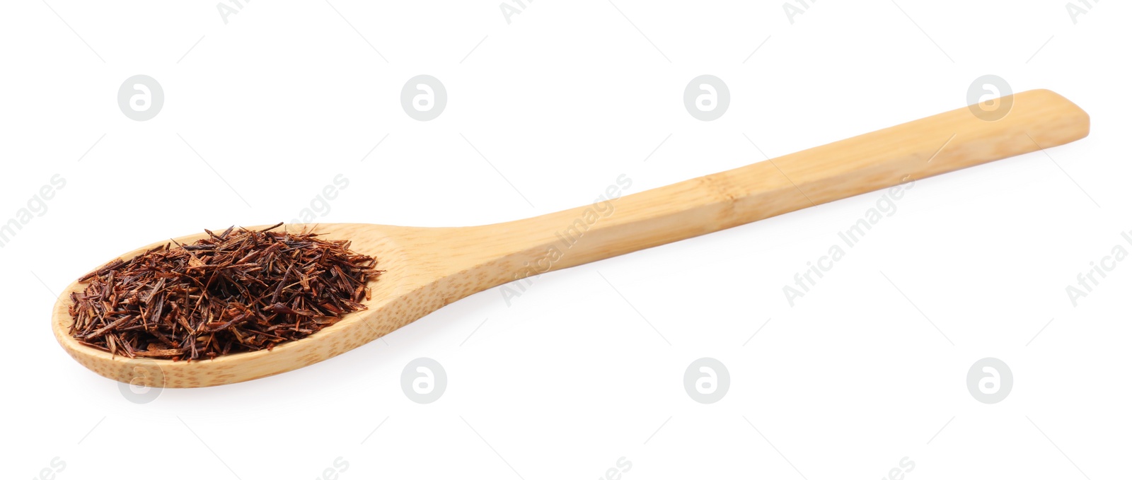 Photo of Rooibos tea in spoon isolated on white