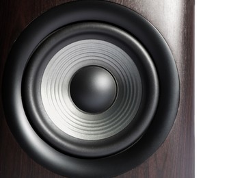 Photo of One wooden sound speaker on white background, closeup