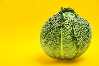 Photo of Fresh green savoy cabbage and space for text on color background