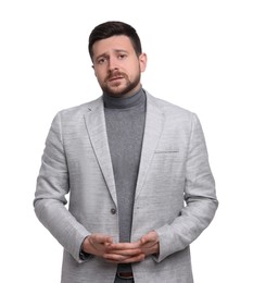 Handsome bearded businessman in suit on white background