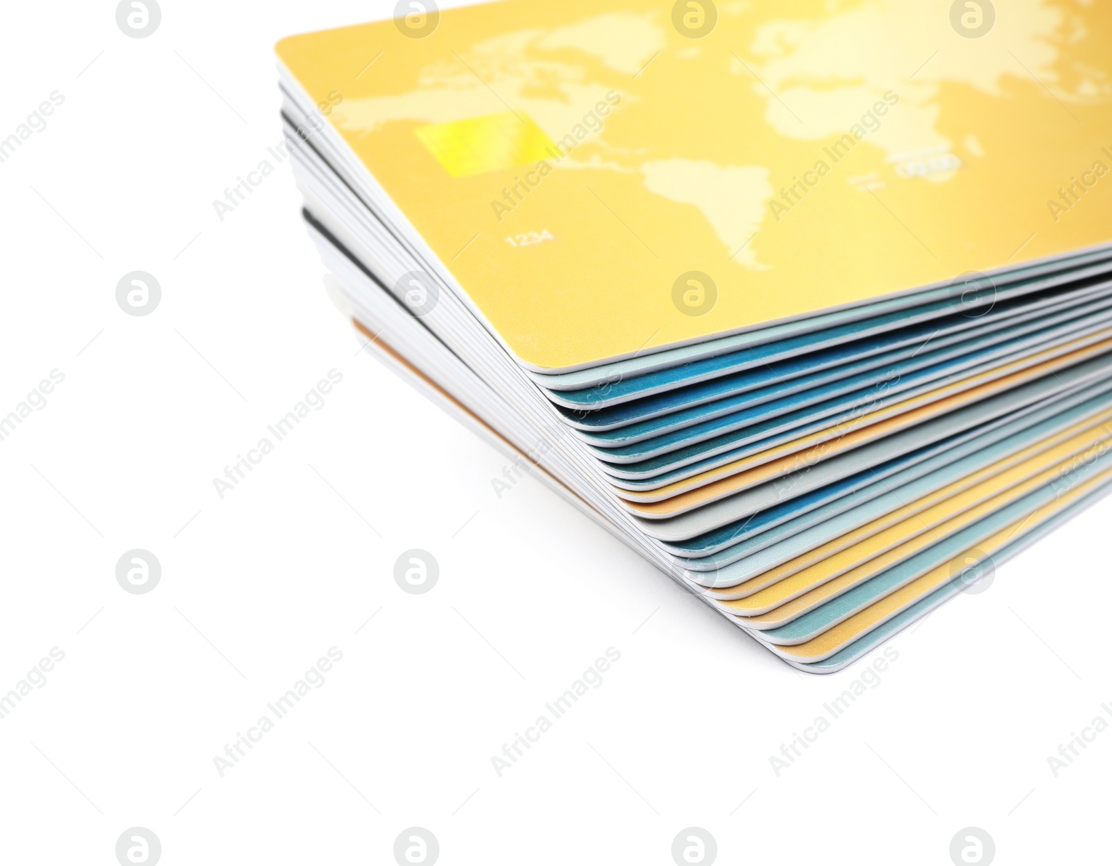 Photo of Stack of plastic credit cards on white background, closeup