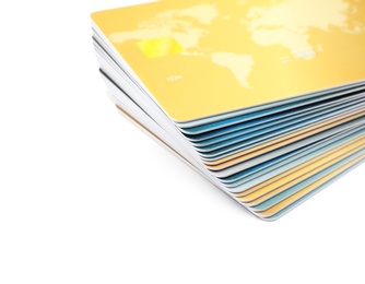 Stack of plastic credit cards on white background, closeup