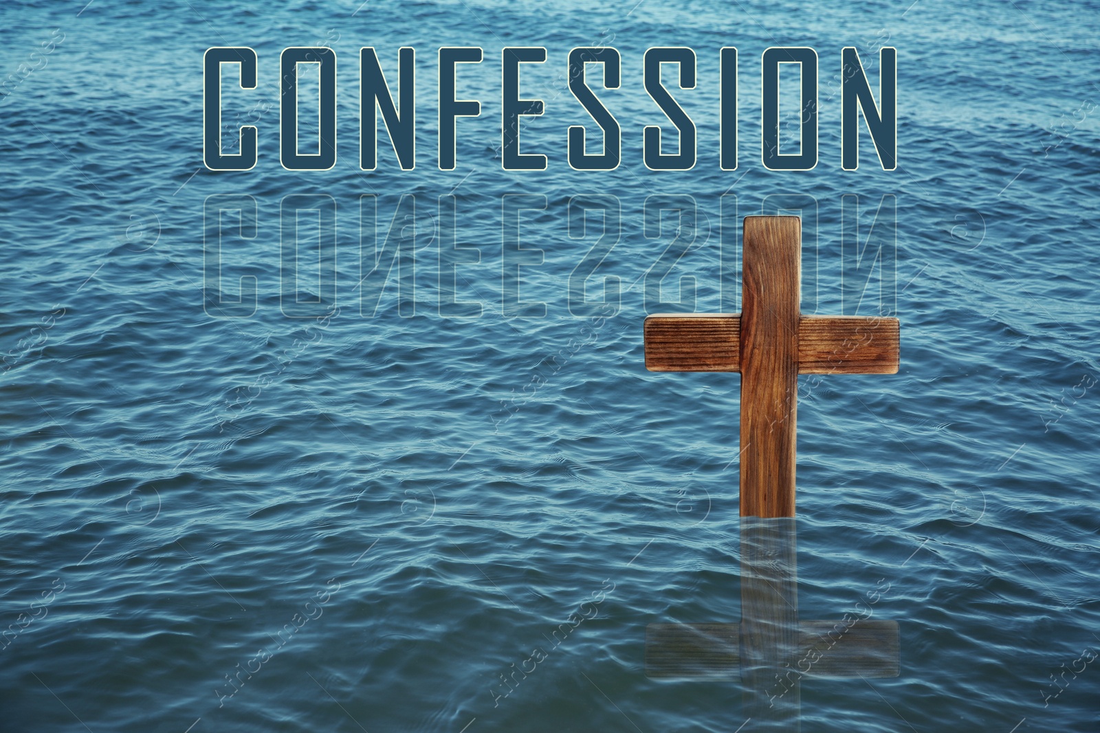 Image of Word Confession near wooden Christian cross in water