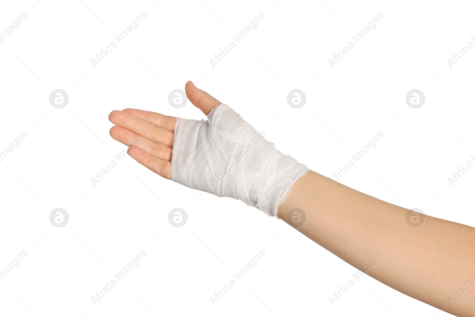 Photo of Woman with hand wrapped in medical bandage on white background, closeup