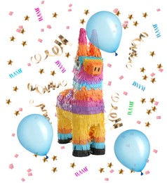 Image of Bright funny pinata and party decor on white background