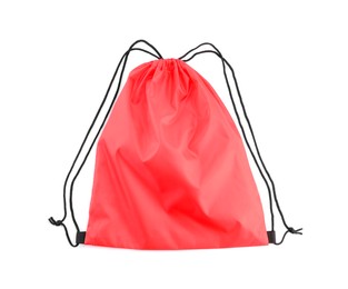 Photo of One red drawstring bag isolated on white