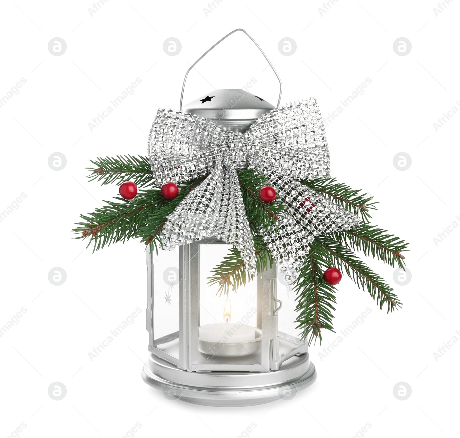 Photo of Decorative Christmas lantern with bow and coniferous twigs isolated on white