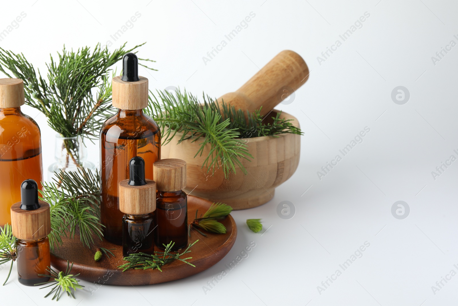 Photo of Aromatherapy. Different essential oils, fir twigs, mortar and pestle on white background, space for text