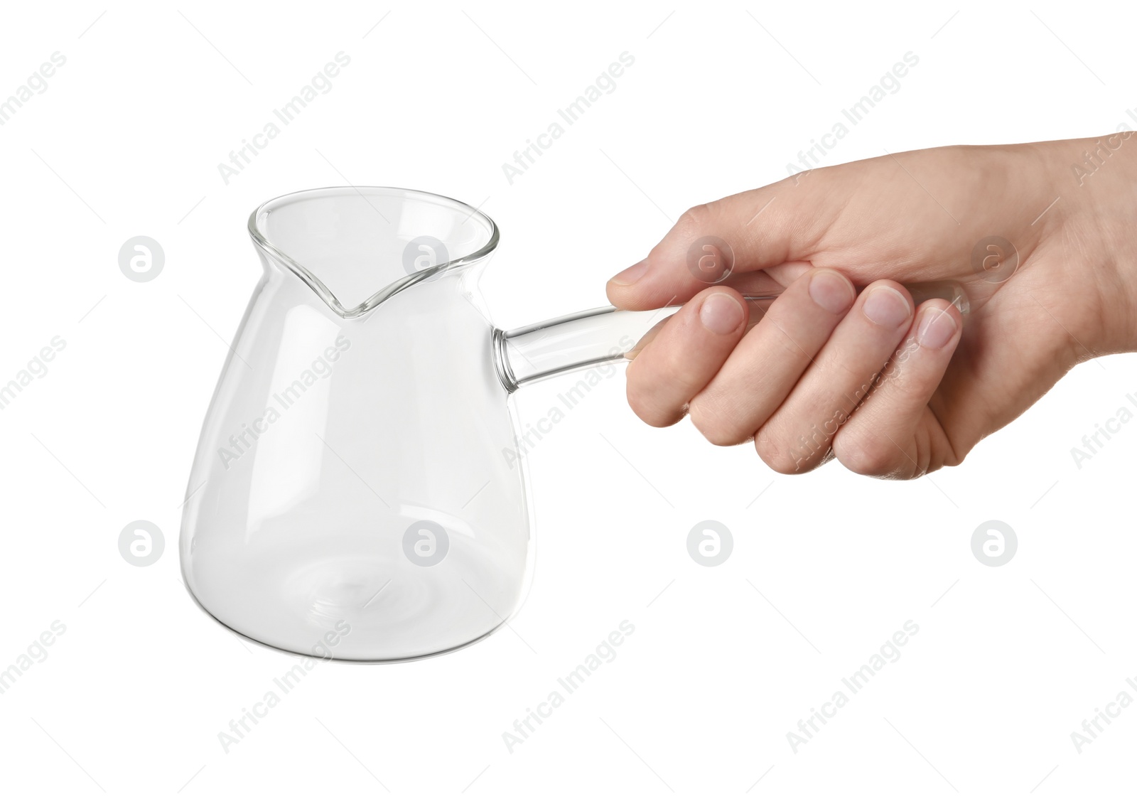 Photo of Woman holding glass turkish coffee pot on white background, closeup