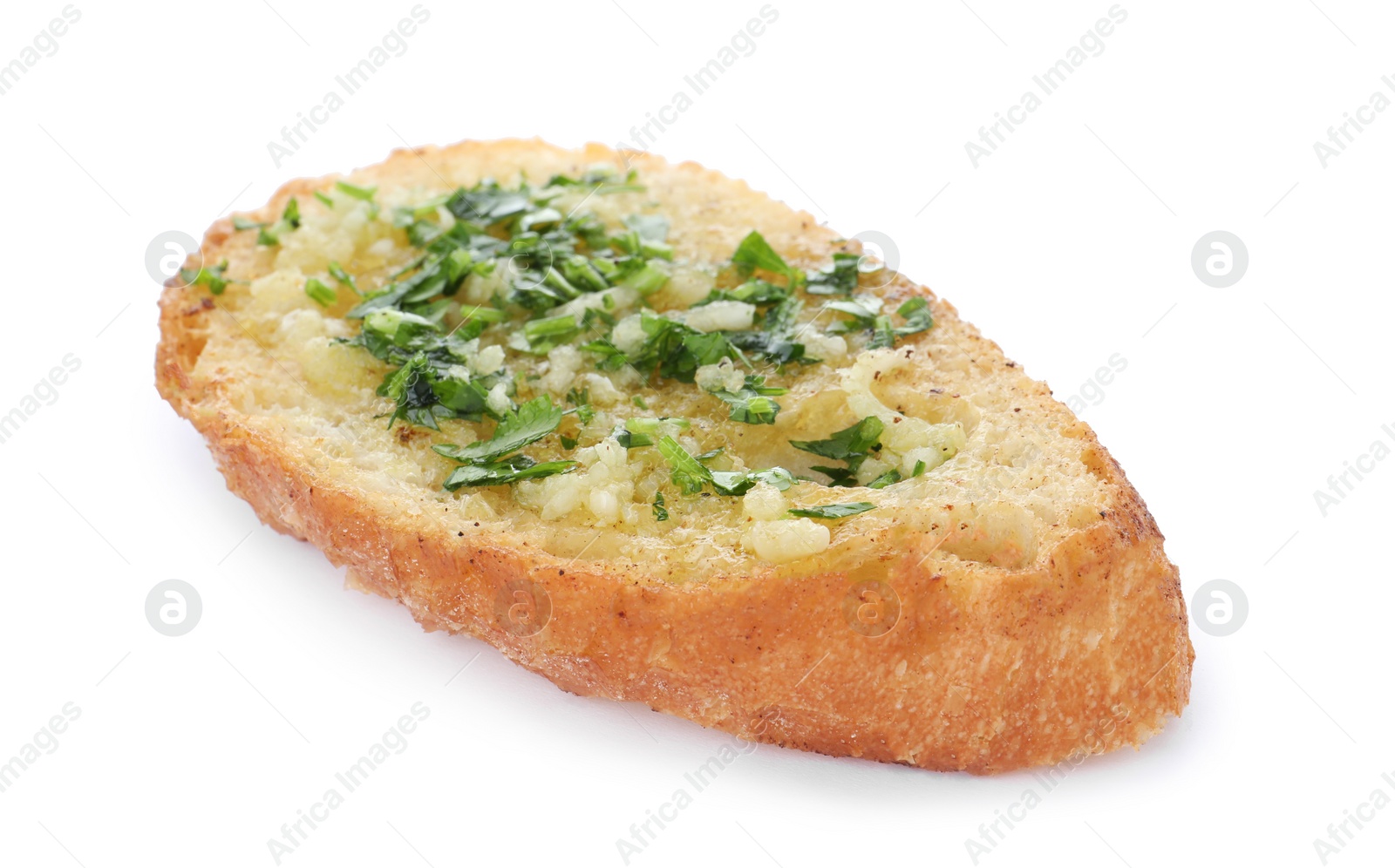 Photo of Slice of toasted bread with garlic and herb on white background