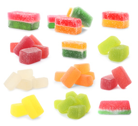 Image of Set of different jelly candies on white background