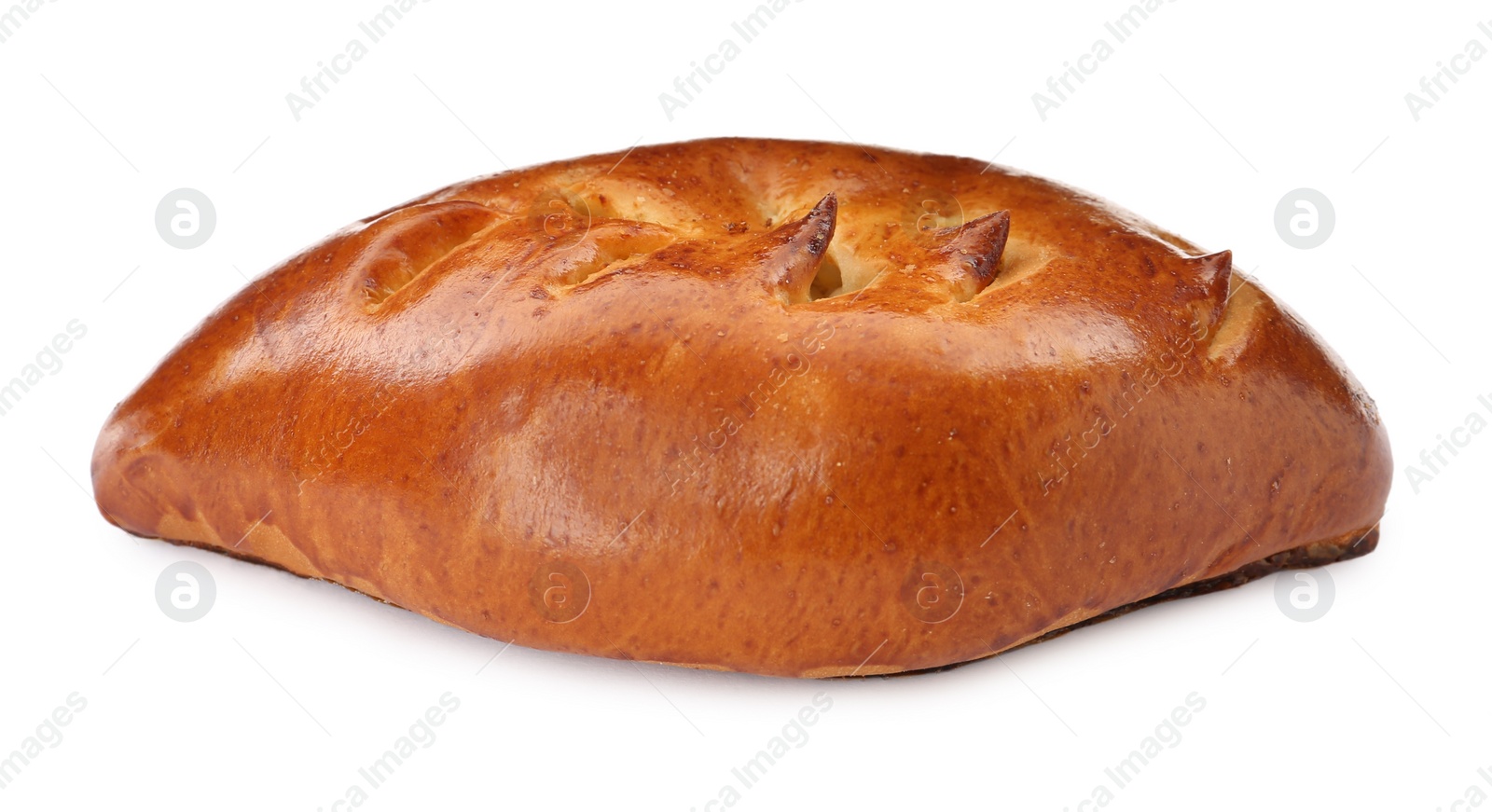 Photo of One delicious baked patty on white background